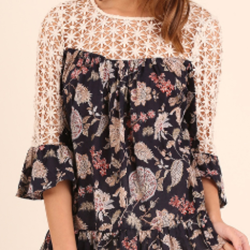 Umgee Floral Print Bell Sleeve Top with Crochet